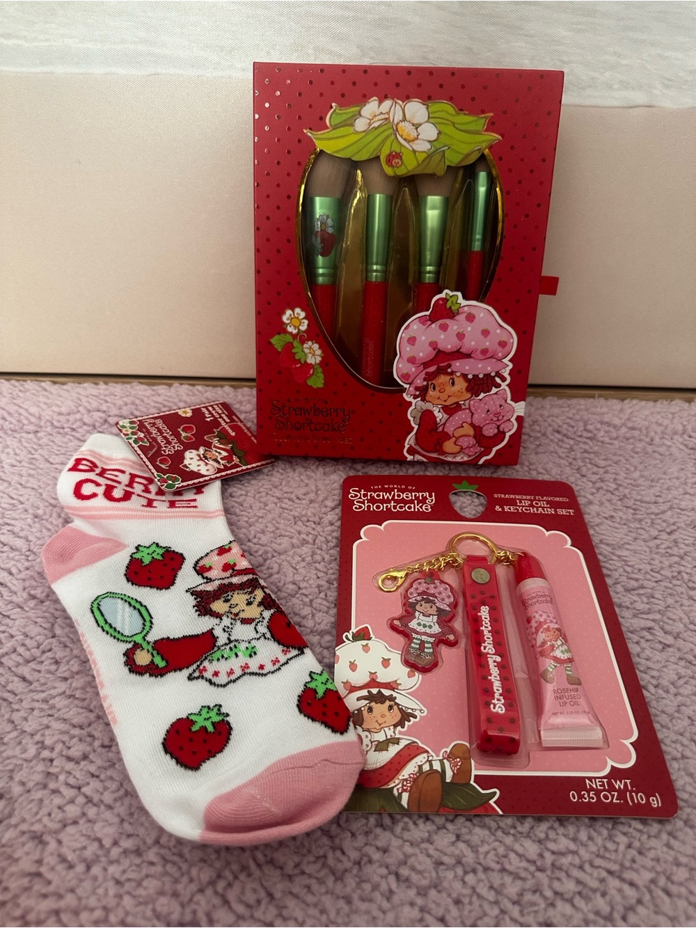 Strawberry Shortcake Makeup brush set, lip gloss and keychain, socks- Pink/Red